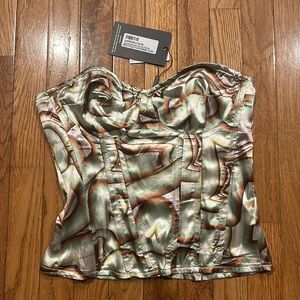 Prettylittlething Sage Green Abstract Print Satin Corset